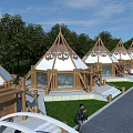 Aerial Planning of Traditional Tents Complex With Green Landscape and Pedestrian Walkway