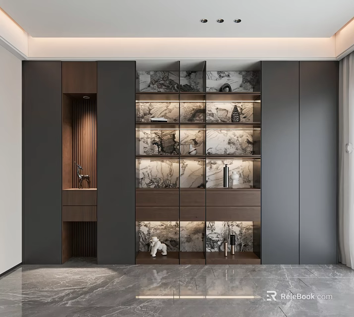 Modern Elegant Bookcase Interior With Marble Shelves And Decorative Storage Compartments 3d model 