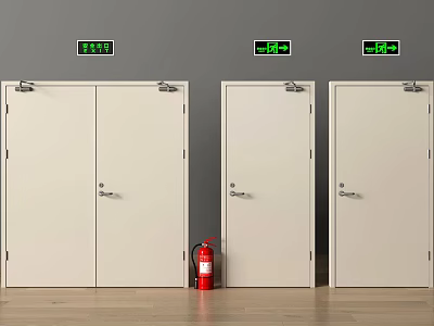 White Fire Doors With Green Indicator Lights And Red Fire Extinguisher 3d model