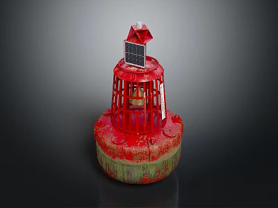 Marine Red Buoy Equipped With Solar Panel And Small House On Top 3d model