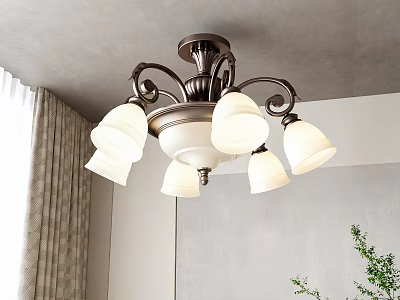 Elegant Classic Chandelier With White Shades And Curved Metal Design In Interior Space 3d model