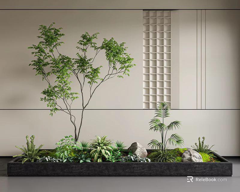 Plant Combination In Black Planter Box With Small Tree Succulents Stones And Light Wall Grid 3d model 