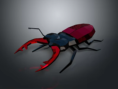 Low Poly Beetle With Red And Black Body And Large Red Pincers On Gray Background 3d model