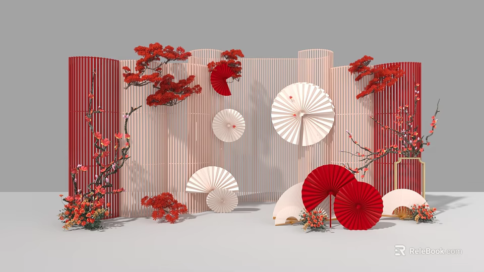 Elegant Floral Art Display With Red Flowers White Fans And Decorative Screens 3d model 