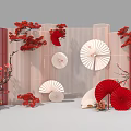 Elegant Floral Art Display With Red Flowers White Fans And Decorative Screens