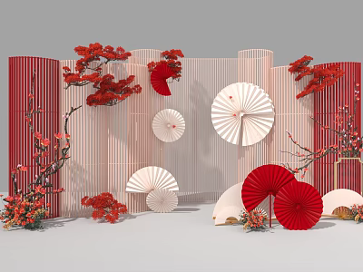 Elegant Floral Art Display With Red Flowers White Fans And Decorative Screens 3d model