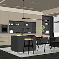 Modern Open Concept Dining Room Interior With Dining Table Chairs And Pendant Lights 3d model