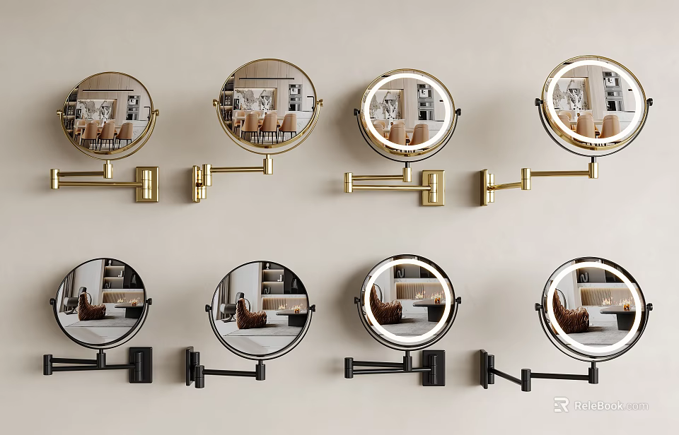 Modern Round Mirrors with Gold Black Metal Brackets Wall Mounted Home Decor 3d model 