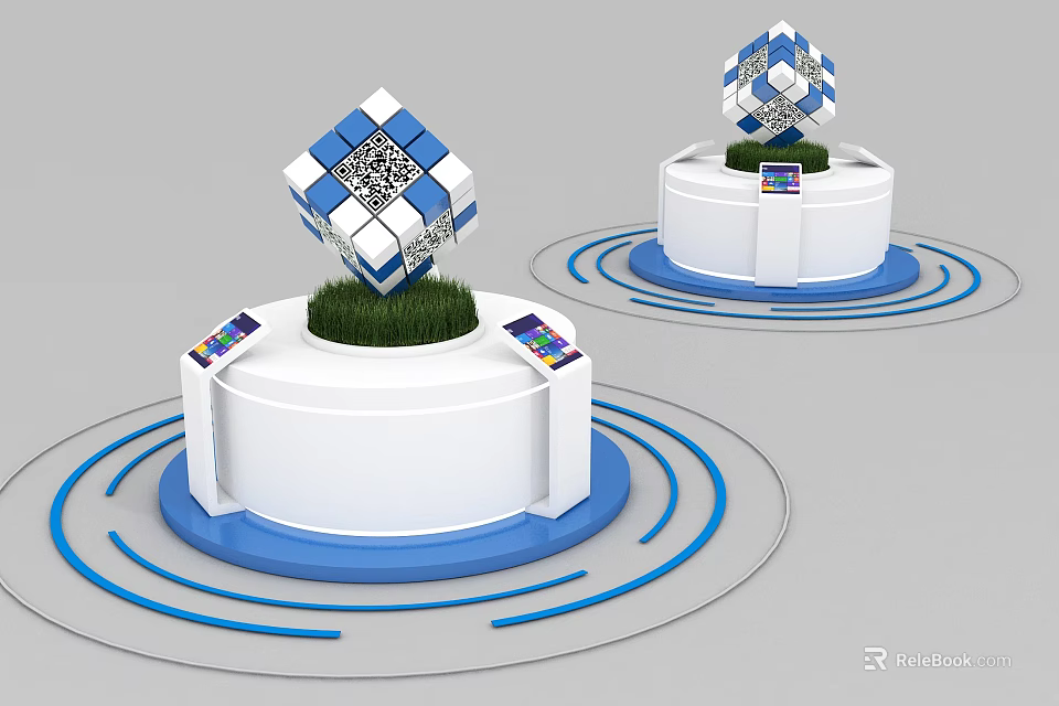 Modern Display Shelves With White Base Blue Circular Decor And Cube Structure 3d model 