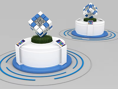 Modern Display Shelves With White Base Blue Circular Decor And Cube Structure 3d model