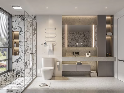 Modern Bathroom Interior With Marble Walls Glass Shower Enclosure Lighted Mirror And Vanity Cabinets 3d model