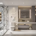 Modern Bathroom Interior With Marble Walls Glass Shower Enclosure Lighted Mirror And Vanity Cabinets