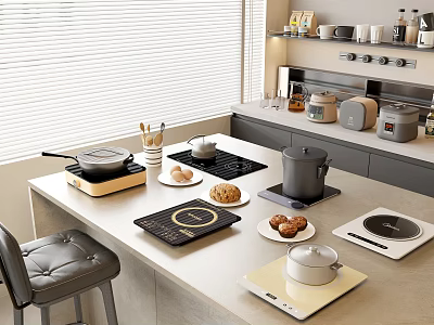 Modern Kitchen Island With Light Colored Countertop Induction Cooktops Pans And Appliances 3d model