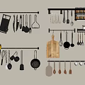 Wall Mounted Kitchen Utensils Storage With Hanging Rods Spoons Pans Cutting Boards And Jars