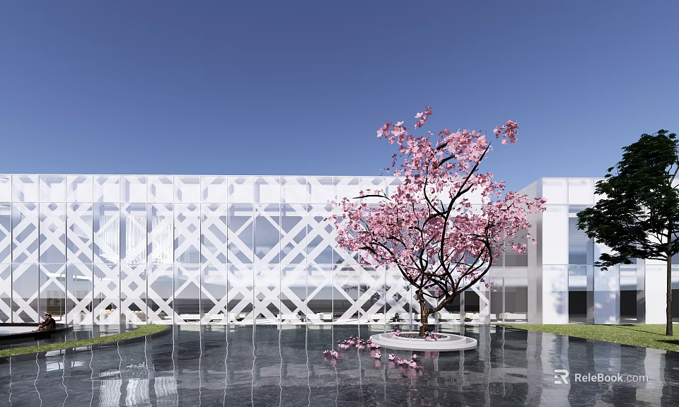 Modern White Sales Office Building With Geometric Facade Pink Flowering Tree And Water Pool 3d model 