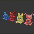 Four Colorful Cartoon Animal Figurines in Different Hues on White Bases with Dark Reflective Backdrop