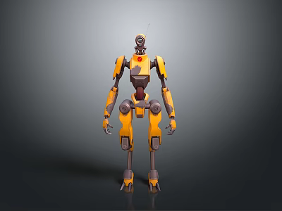 Yellow And Gray Mechanical Robot Character With Red Core And Metallic Joints For Game Movie 3d model