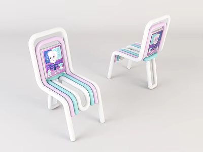 Cute Kids Leisure Chair With Colorful Stripes And Cartoon Pattern White Frame Design 3d model
