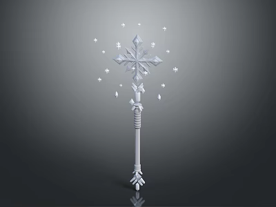 Shiny Silver Enchanted Magical Staff With Snowflake Top And Floating Star Decorations 3d model