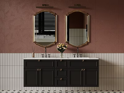 Modern Bathroom Vanity With Double Gold Mirrors Black Cabinets White Countertop And Brown Wall 3d model