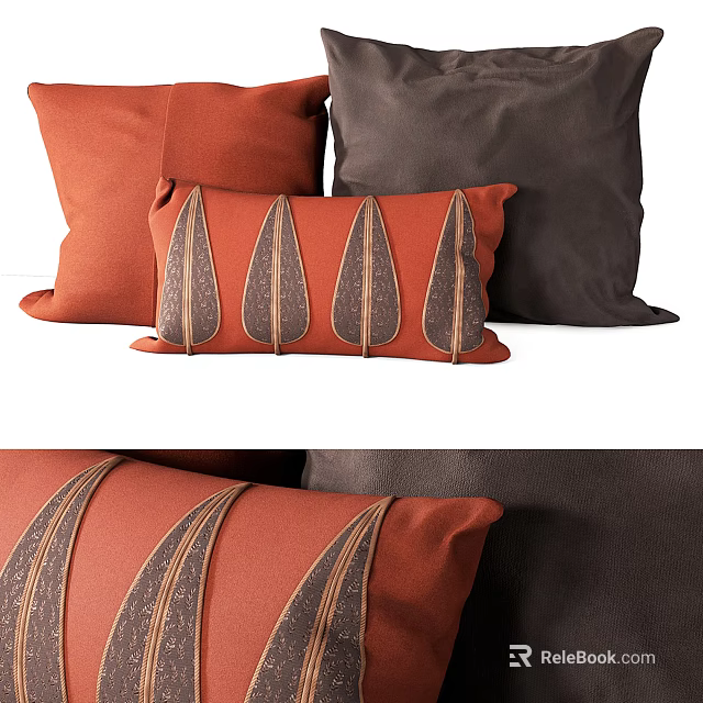 Modern Orange and Dark Gray Decorative Throw Pillows with Leaf Pattern Embroidery Design 3d model