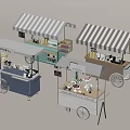 Mobile Commercial Food Service Equipment Carts With Striped Canopies And Wheels