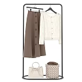 Clothes Set Featuring Brown Skirt White Knitted Cardigan Handbag And Polka Dot Bag On Rack