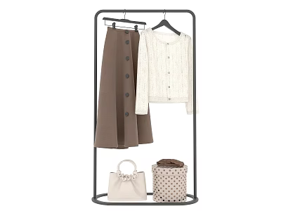 Clothes Set Featuring Brown Skirt White Knitted Cardigan Handbag And Polka Dot Bag On Rack 3d model
