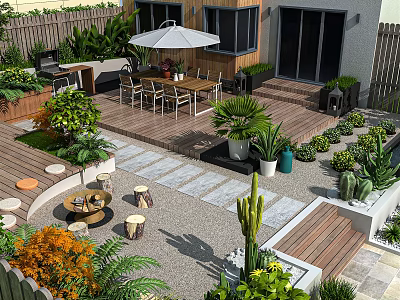 Beautiful Patio Garden With Wooden Deck Dining Set Umbrella And Lush Plants 3d model
