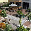 Beautiful Patio Garden With Wooden Deck Dining Set Umbrella And Lush Plants