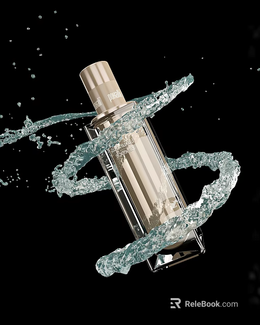 Elegant Perfume Cosmetics Bottle Showcasing Transparent Body And Dynamic Water Splash Effect 3d model 