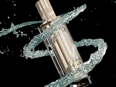 Elegant Perfume Cosmetics Bottle Showcasing Transparent Body And Dynamic Water Splash Effect 3d model