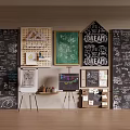 Artistic Chalkboard Walls With Hand Drawn Writings Easels Paints Musical Instruments And Art Supplies