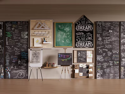 Artistic Chalkboard Walls With Hand Drawn Writings Easels Paints Musical Instruments And Art Supplies 3d model