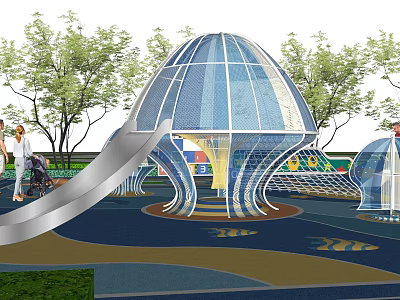 Modern Children's Playground With Transparent Dome Slide Colorful Floor And Net Structure Surrounded By Trees 3d model
