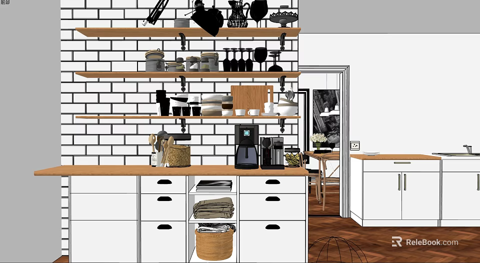 Organized Kitchenware Display In Modern Open Kitchen With Wooden Shelves And White Cabinets 3d model 