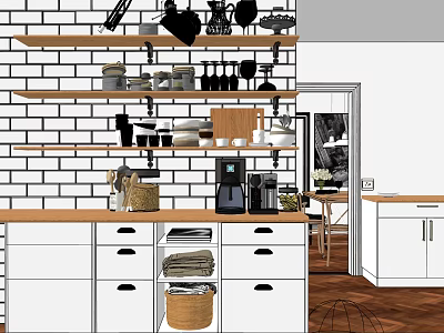 Organized Kitchenware Display In Modern Open Kitchen With Wooden Shelves And White Cabinets 3d model
