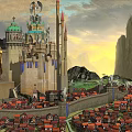 Ancient Architecture of Medieval Castle with Intricate Towers Spires and Dragon Over Mountain Sunset