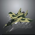 Military Fighter Jet With Green Yellow Camouflage Paint And Missiles On Dark Background