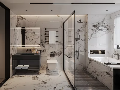 Modern Bathroom Interior With Marble Walls And Floors Glass Shower Enclosure Bathtub Vanity And Mirror 3d model