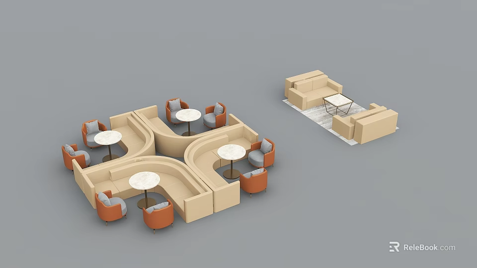 Modern Beige Sofa Coffee Table Set With Orange Seats And White Tables In Living Room 3d model 