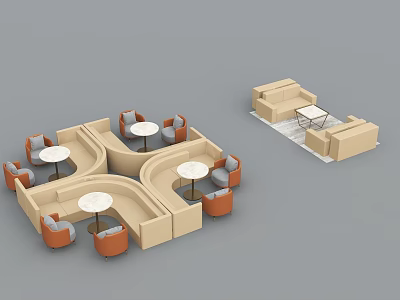 Modern Beige Sofa Coffee Table Set With Orange Seats And White Tables In Living Room 3d model