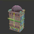 Modern Multi Story Hotel Building With Shiny Dome And Neon Signs