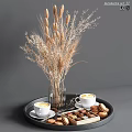 Coffee Cookies And Desserts On Black Tray With Dried Flowers