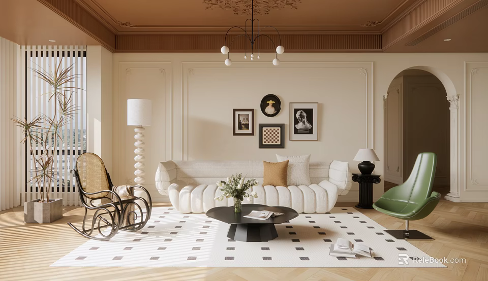 Elegant Modern Living Room Interior With Brown Ceiling Chandelier Framed Art Sofa And Geometric Rug 3d model 