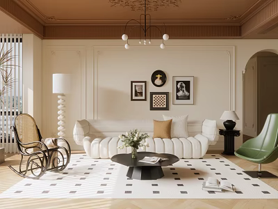 Elegant Modern Living Room Interior With Brown Ceiling Chandelier Framed Art Sofa And Geometric Rug 3d model
