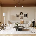 Elegant Modern Living Room Interior With Brown Ceiling Chandelier Framed Art Sofa And Geometric Rug