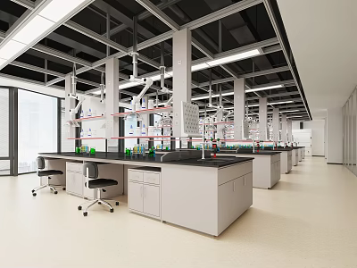 Modern Laboratory Interior With Lab Benches Cabinets Equipment And Chairs 3d model