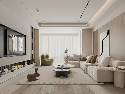 Modern Living Room Interior Design With Beige Sofa Green Armchair Coffee Table Fireplace And Plant 3d model