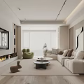 Modern Living Room Interior Design With Beige Sofa Green Armchair Coffee Table Fireplace And Plant